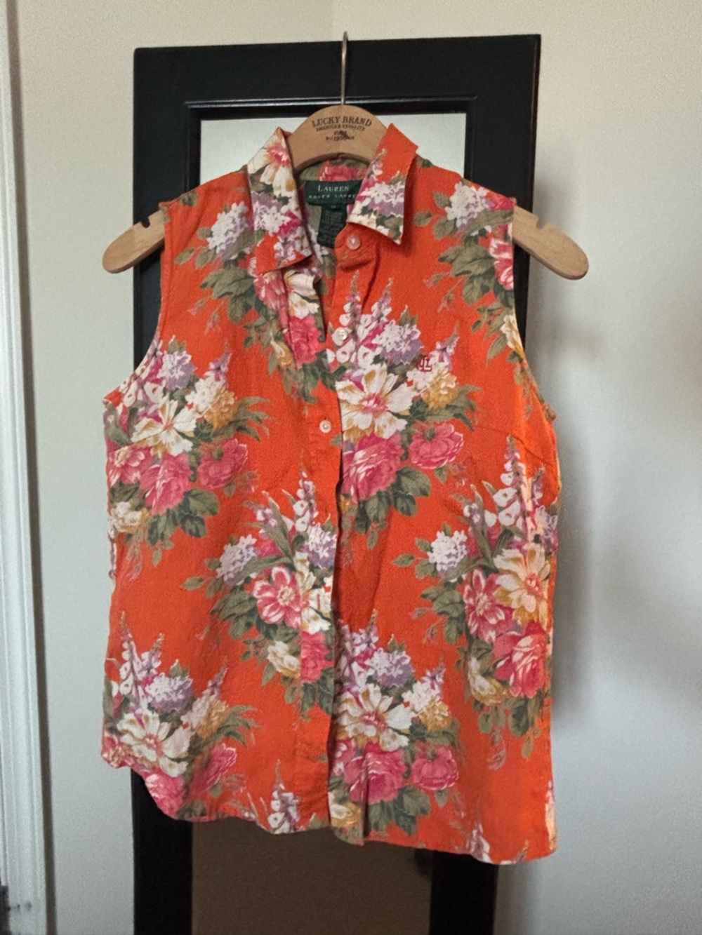 Ralph Lauren Orange Floral Sleeveless Button-Front Blouse